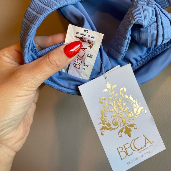 NWT Becca By Rebecca Virtue Bikini Triangle Top Ribbed Blue Tie on Back Size L - Picture 3 of 6